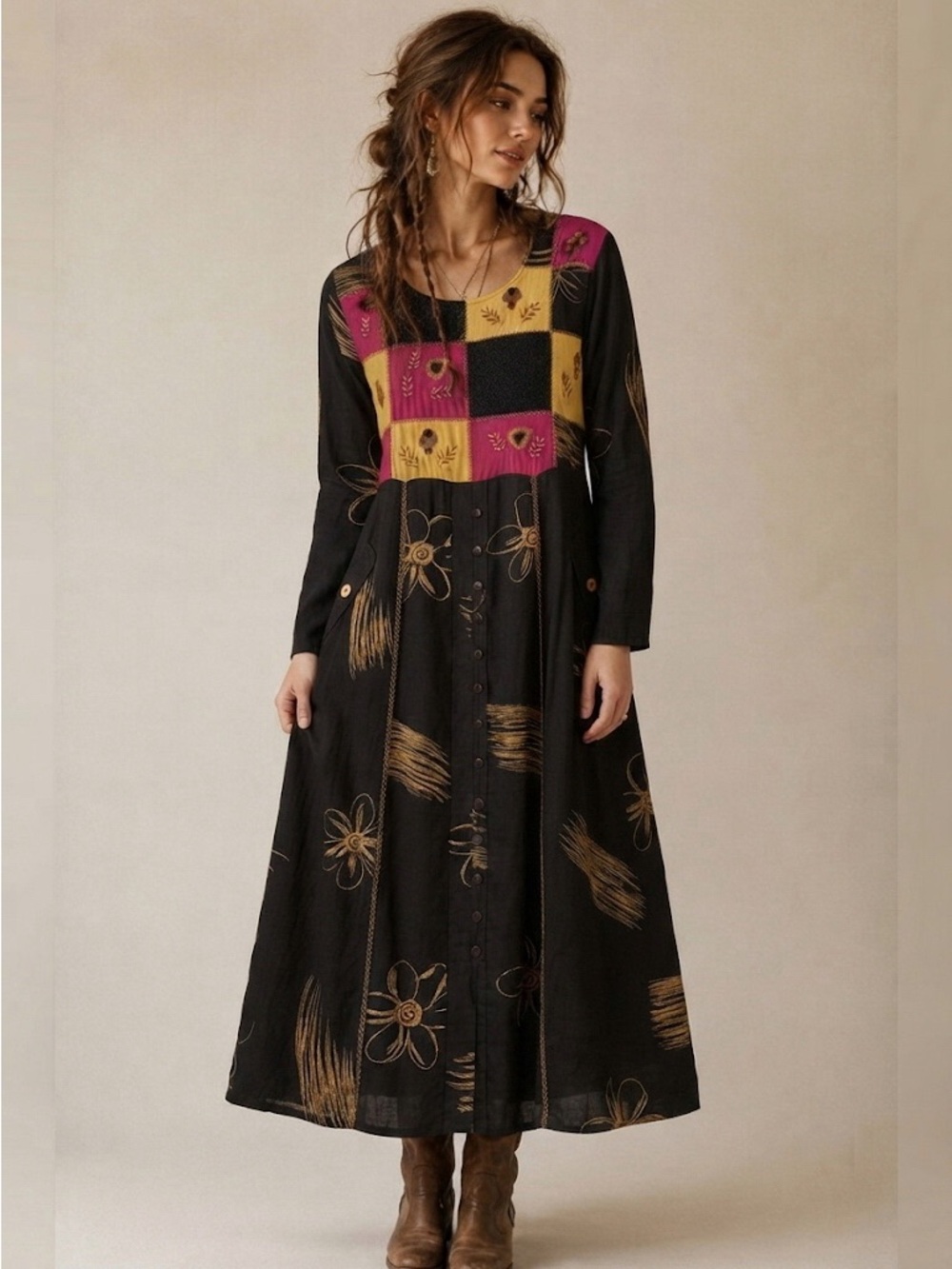 April Cornell Patchwork Embroidered Maxi Dress Long Sleeve Large Cottagecore